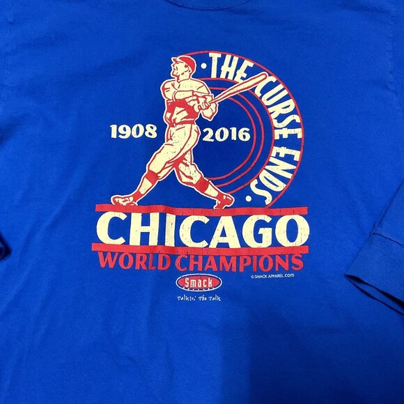 CHICAGO CUBS T SHIRT SZ L BLUE WORLD CHAMPIONS THE CURSE ENDS LONG SLEEVE MENS - Picture 2 of 5